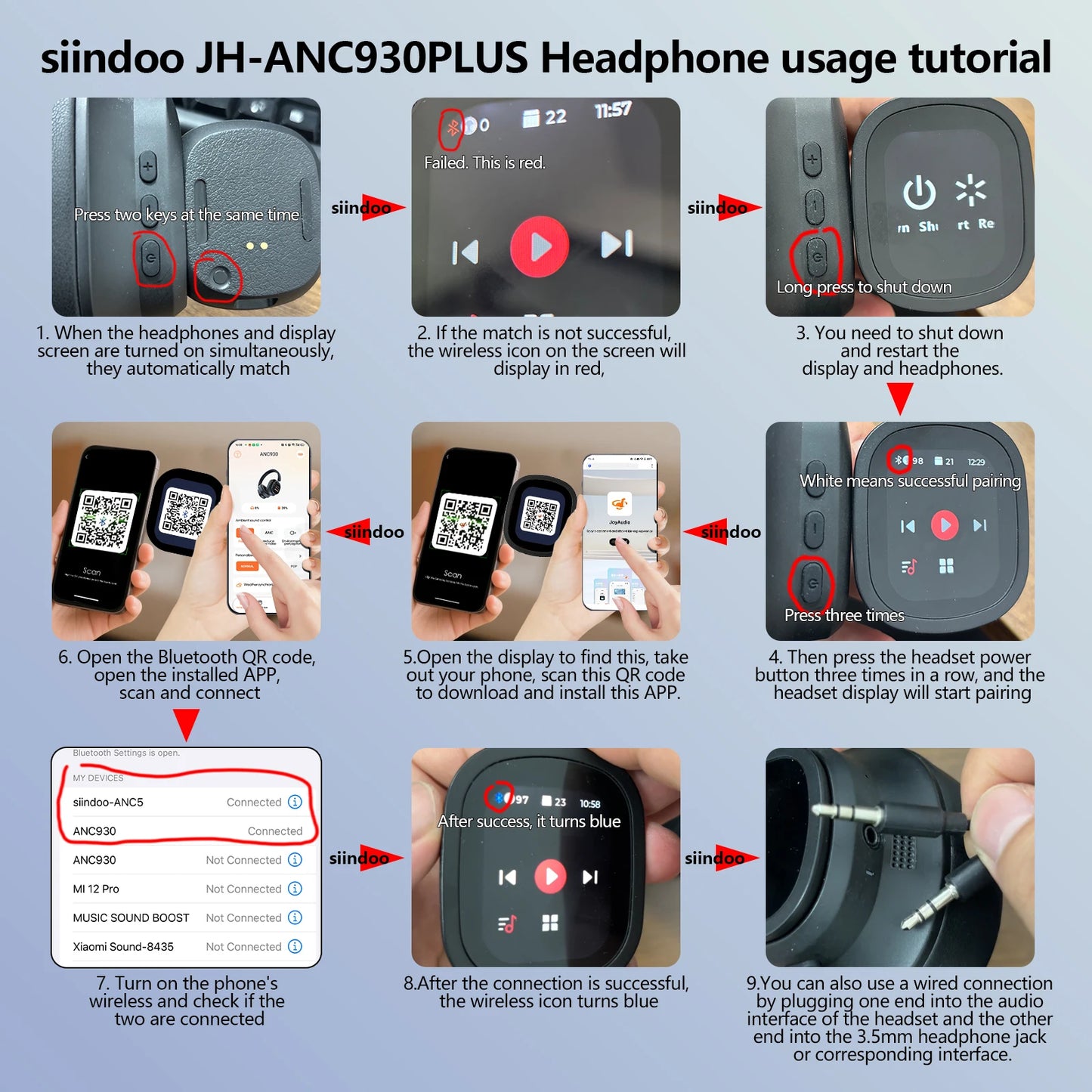 Siindoo JH-ANC930Plus Wireless Headphones – Hybrid ANC, Touch Control, LED Screen