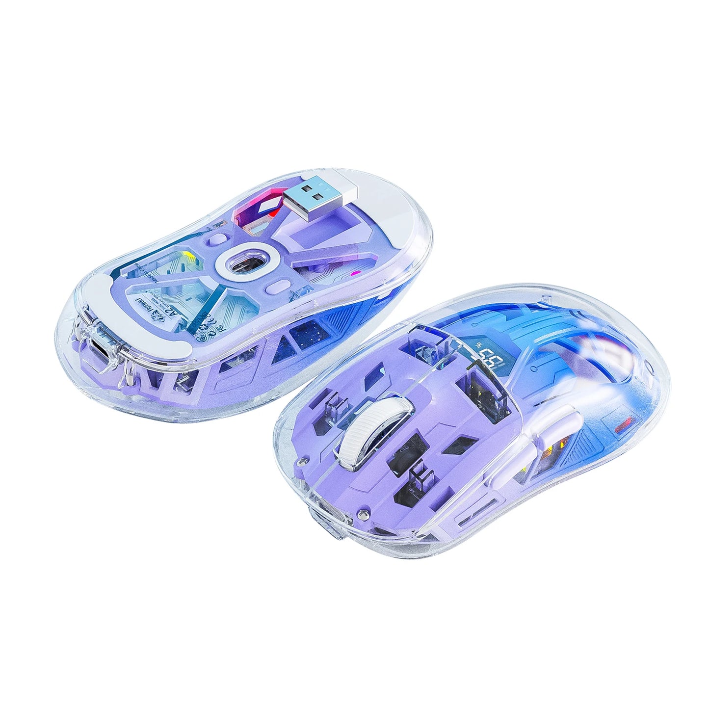 FreeWolf A2 Transparent RGB Gaming Mouse – Wireless, Battery Display, Dual Mode