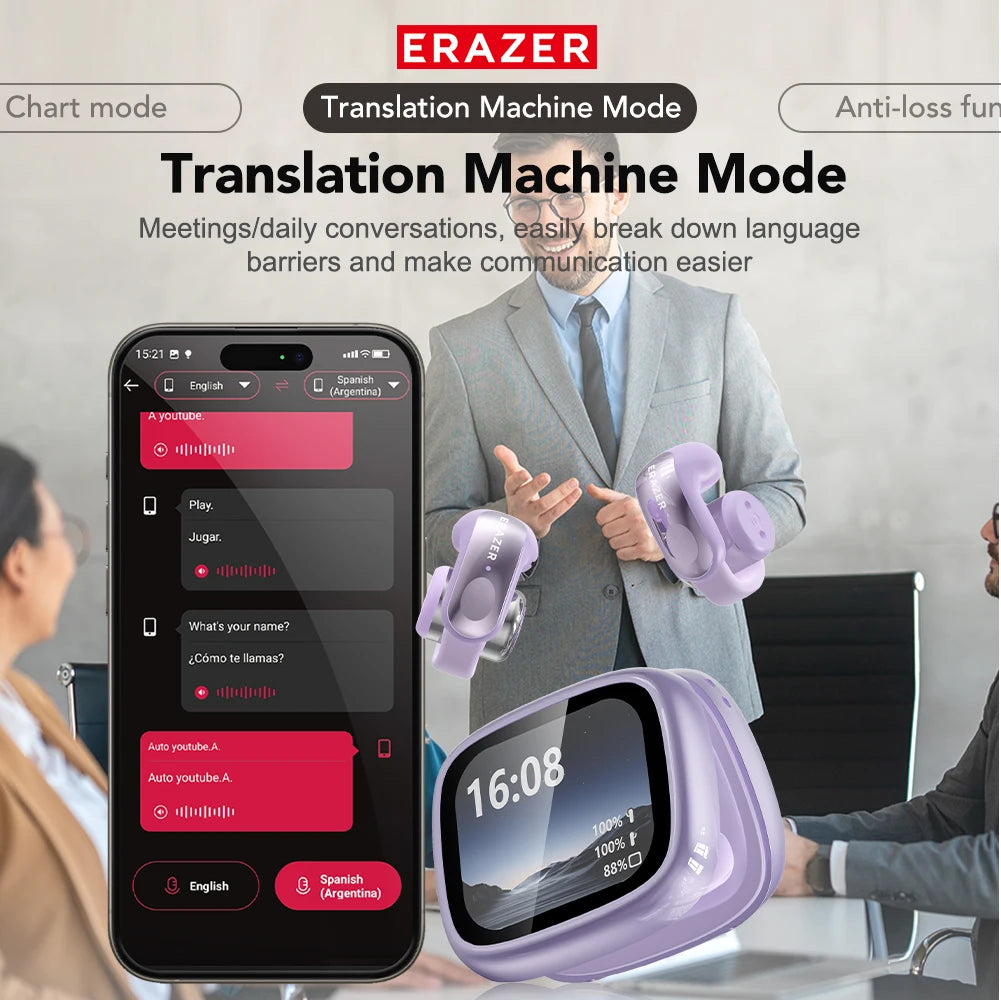 ERAZER XF28 Bluetooth 6.0 Open-Ear Translator Earbuds – Wireless for Travel & Office