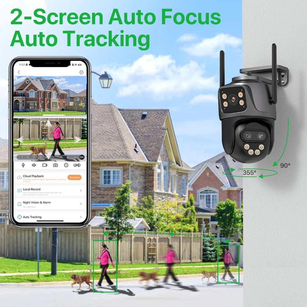 6K 9MP Outdoor WiFi Camera – Triple Lens, Dual Screen, PTZ Auto Tracking