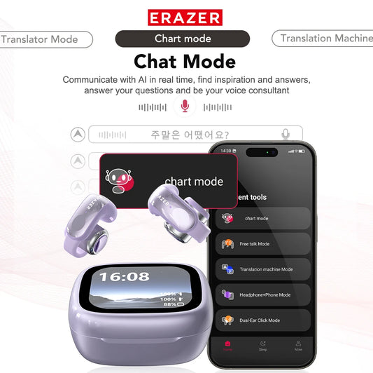 ERAZER XF28 Bluetooth 6.0 Open-Ear Translator Earbuds – Wireless for Travel & Office