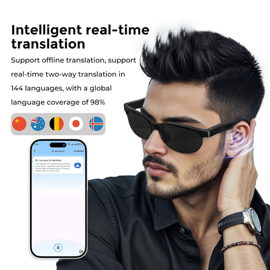 AI Smart Translation Glasses – 144 Languages, Bluetooth 5.3, Music & Sports
