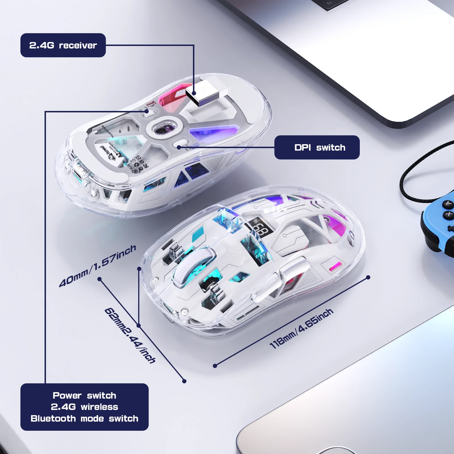 FreeWolf A2 Transparent RGB Gaming Mouse – Wireless, Battery Display, Dual Mode