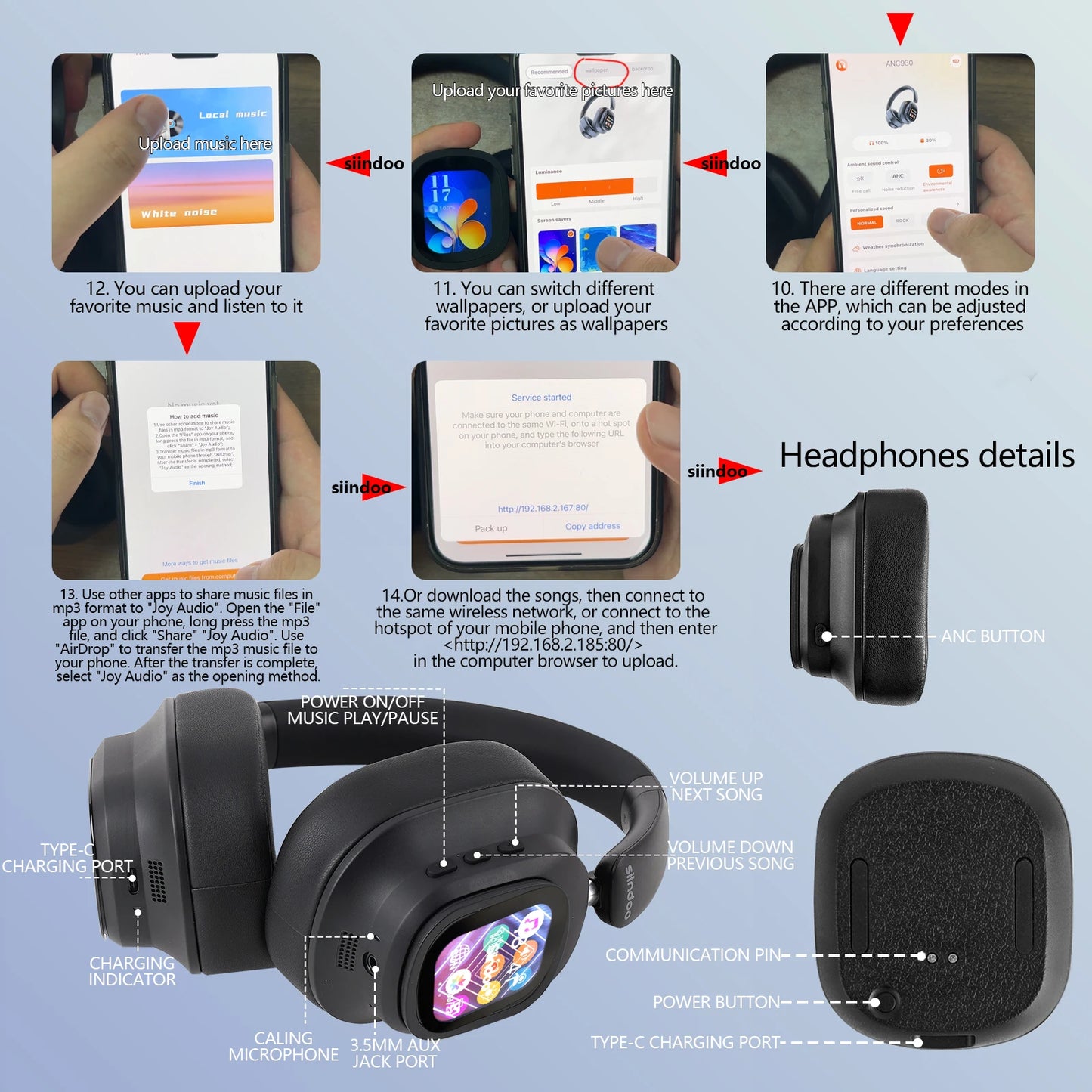 Siindoo JH-ANC930Plus Wireless Headphones – Hybrid ANC, Touch Control, LED Screen