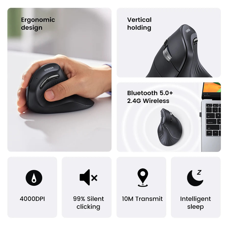 UGREEN Vertical Wireless Mouse – Bluetooth 5.0, 4000DPI, Ergonomic