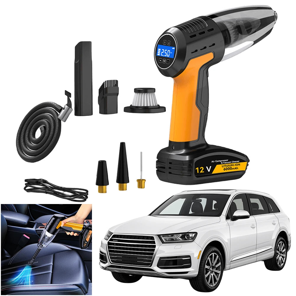 4-in-1 Car Vacuum & Tire Inflator – Cordless, LED, Strong Suction