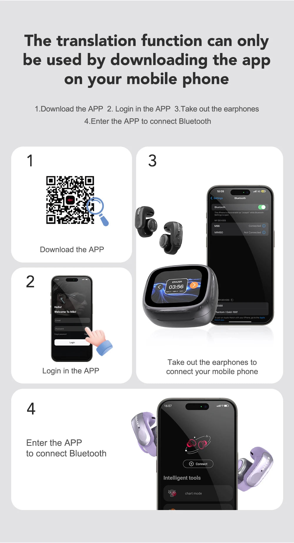 ERAZER XF28 Bluetooth 6.0 Open-Ear Translator Earbuds – Wireless for Travel & Office