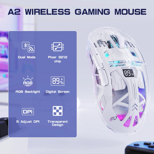 FreeWolf A2 Transparent RGB Gaming Mouse – Wireless, Battery Display, Dual Mode