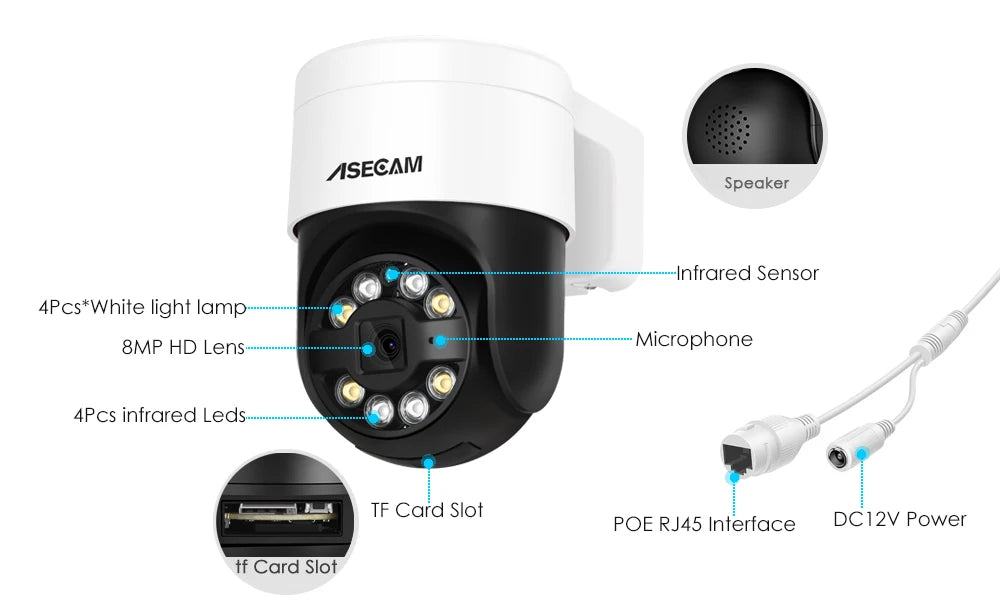 8MP 4K PTZ POE Camera – AI Face Detection, Audio, Night Vision