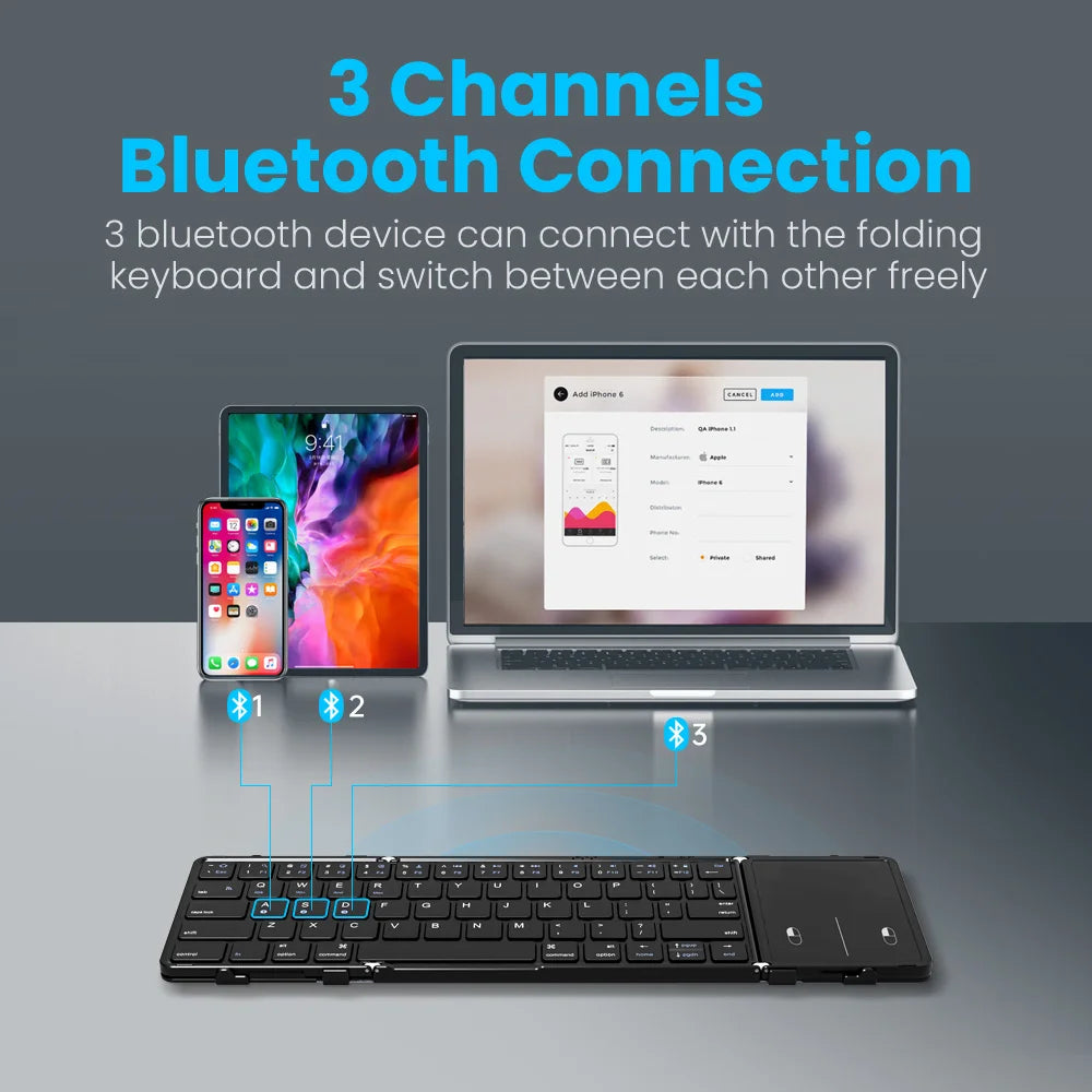 Folding Bluetooth Keyboard with Touchpad – Wireless, 3-Device Support, PU Leather