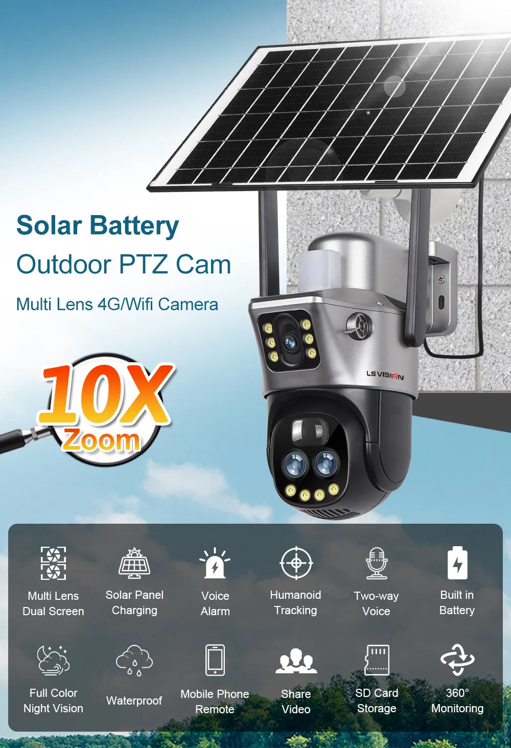 LS Vision V380 Dual Lens Solar Camera – 8MP 4K, 10X Zoom, WiFi/4G
