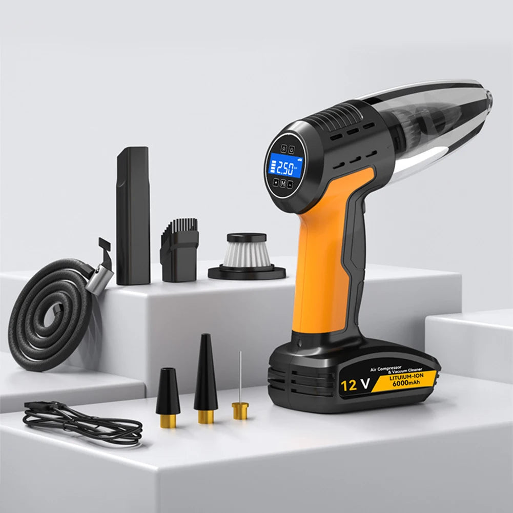 4-in-1 Car Vacuum & Tire Inflator – Cordless, LED, Strong Suction