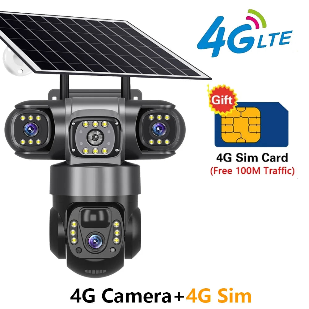Solar 4G Outdoor Security Camera – 3 Lens, 10X Zoom, Night Vision