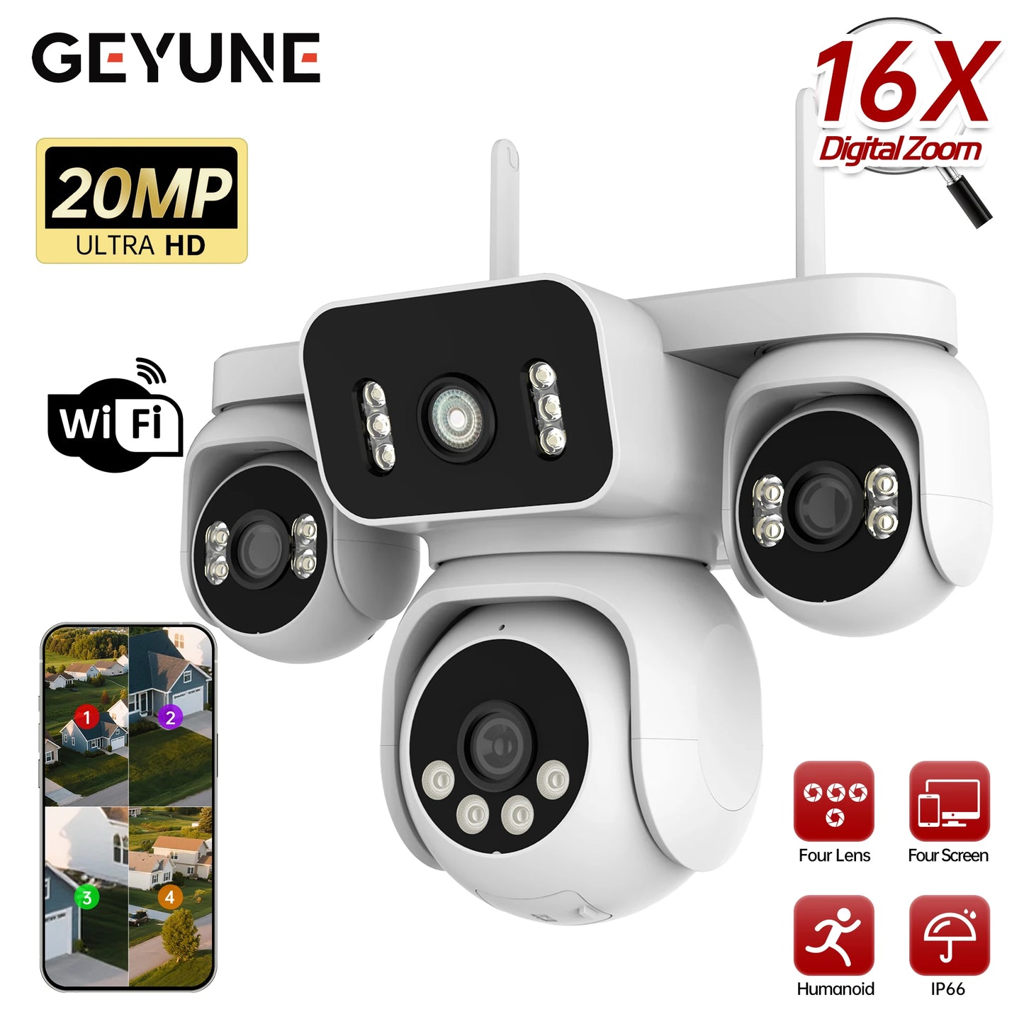 10K 20MP WiFi Security Camera – 4 Lens, 360° PTZ, 16X Zoom