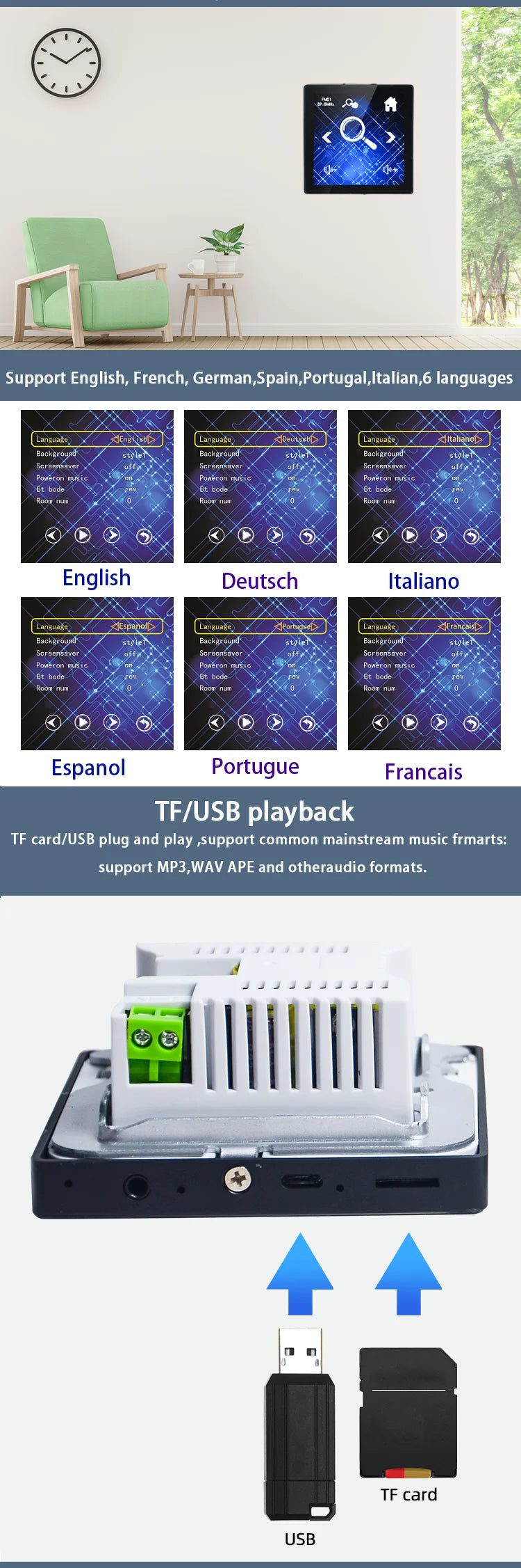 Mini Touch Screen Bluetooth Wall Amplifier – 4×25W Stereo PA System