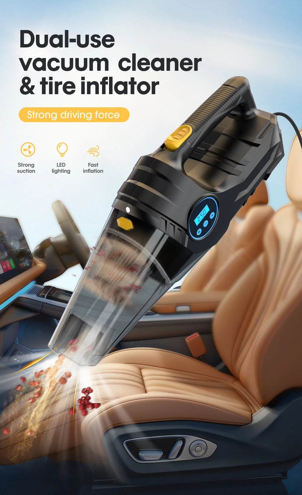 Car Tire Inflator & Vacuum Cleaner – Dual-Use 12V Portable Air Pump