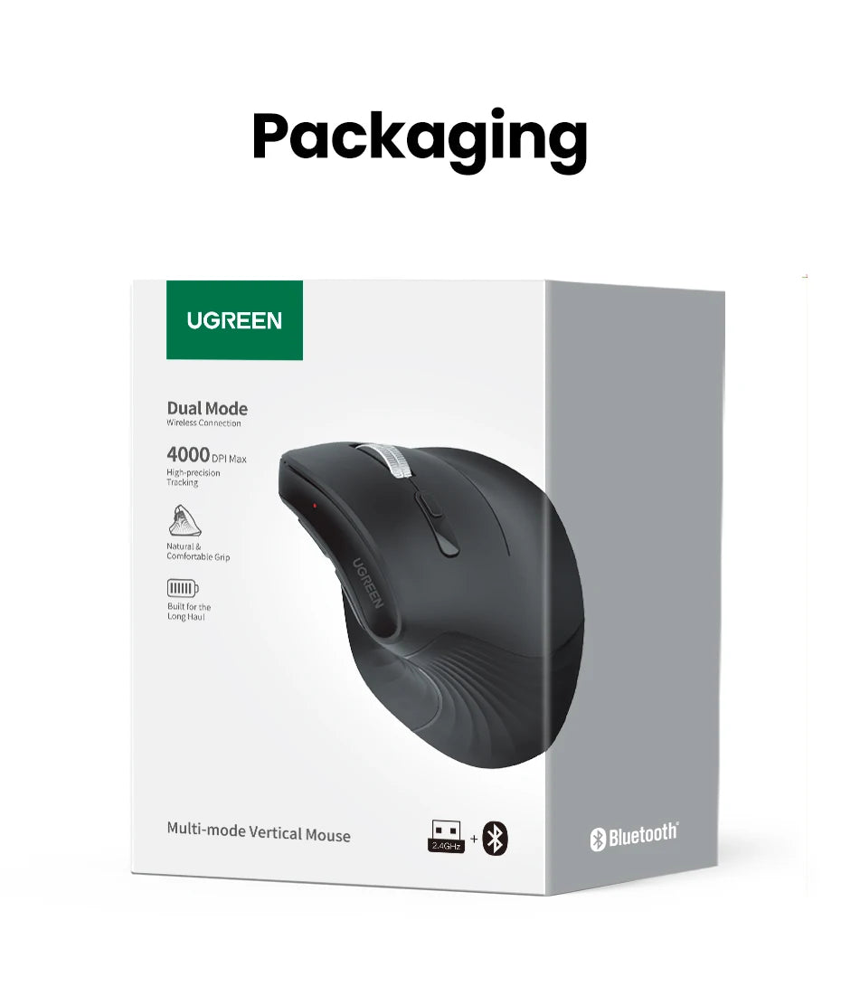 UGREEN Vertical Wireless Mouse – Bluetooth 5.0, 4000DPI, Ergonomic