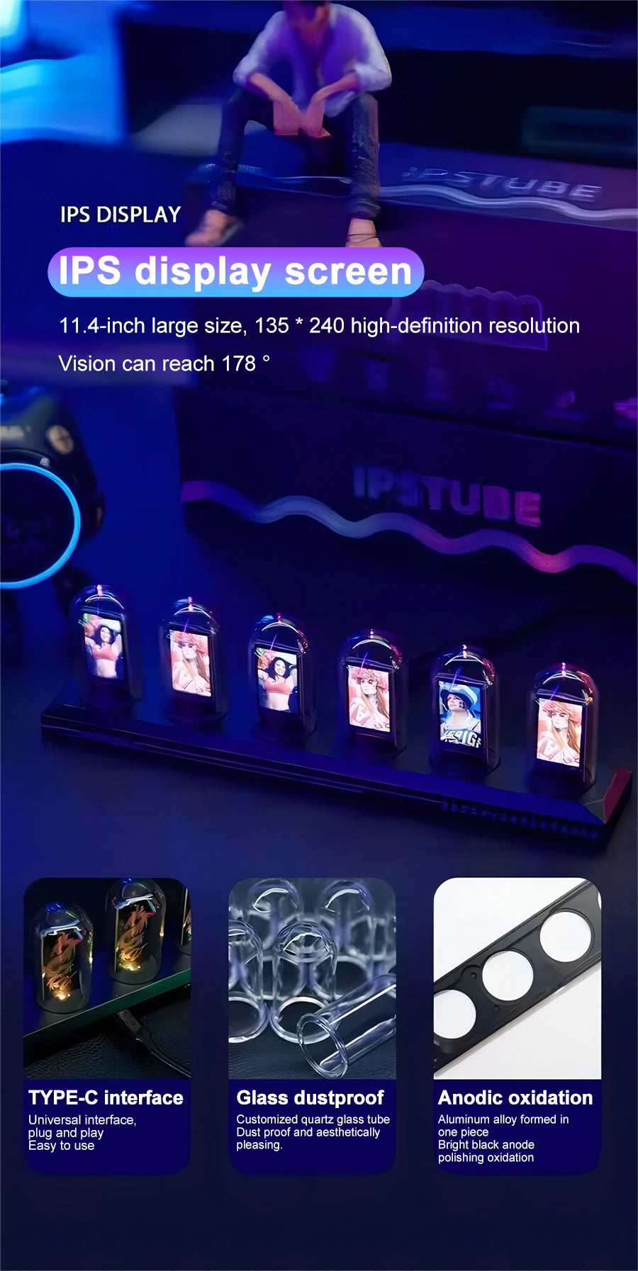 RGB Nixie Tube Clock – LED Glow, IPS Screen, DIY Desktop Decor