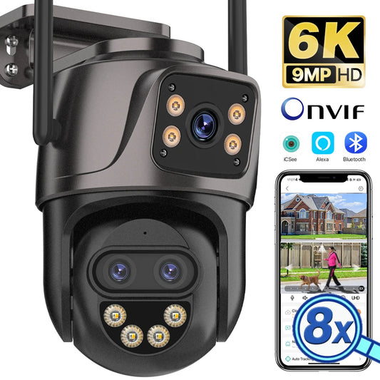 6K 9MP Outdoor WiFi Camera – Triple Lens, Dual Screen, PTZ Auto Tracking