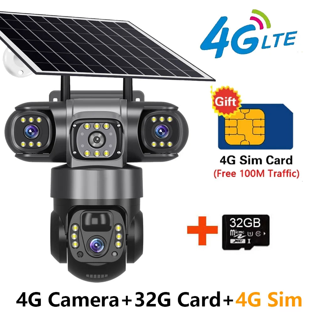 Solar 4G Outdoor Security Camera – 3 Lens, 10X Zoom, Night Vision