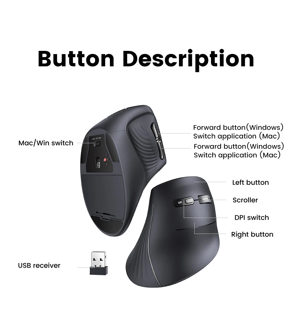 UGREEN Vertical Wireless Mouse – Bluetooth 5.0, 4000DPI, Ergonomic
