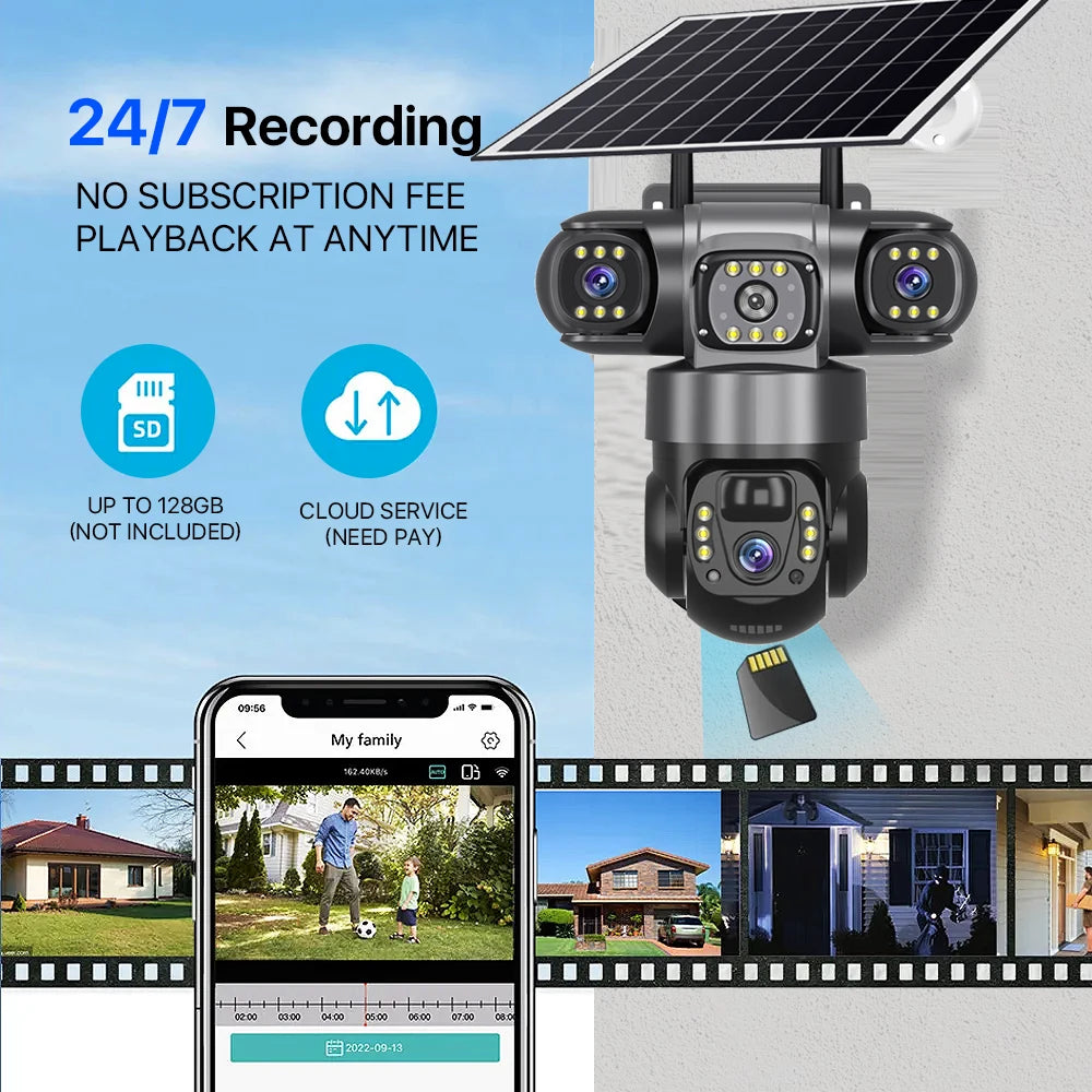 Solar 4G Outdoor Security Camera – 3 Lens, 10X Zoom, Night Vision