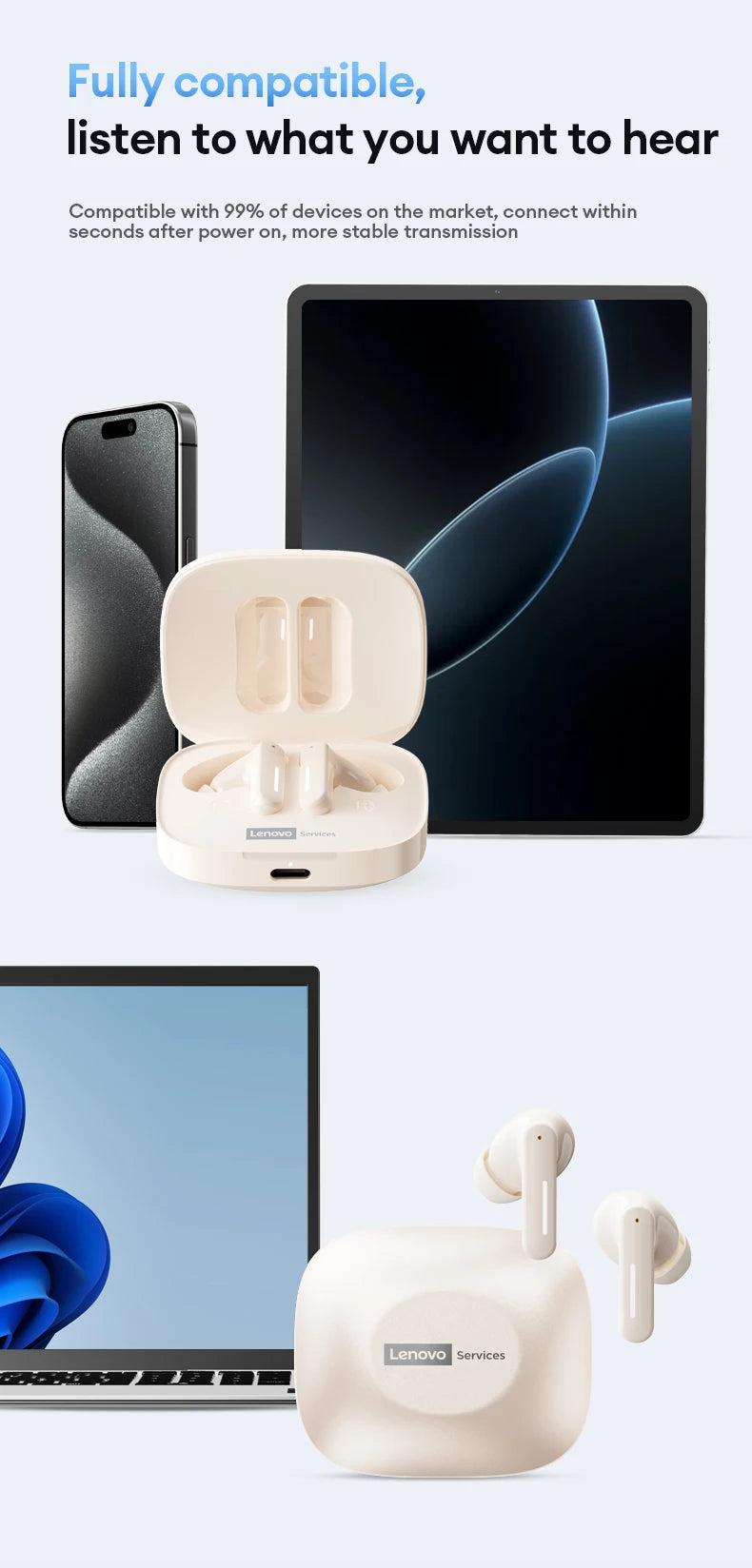 Lenovo LE209 Wireless Bluetooth Earphones – ANC, HiFi Music, 30H Battery