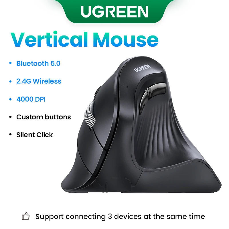 UGREEN Vertical Wireless Mouse – Bluetooth 5.0, 4000DPI, Ergonomic