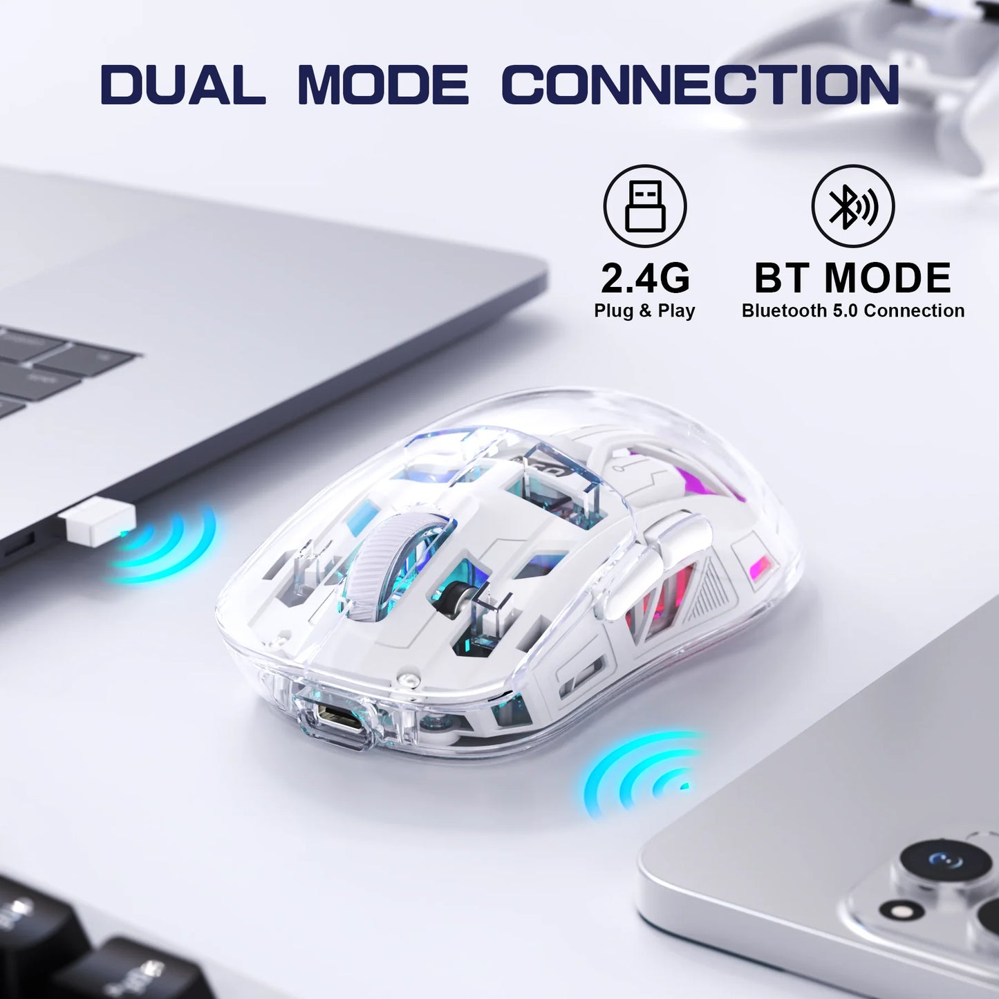 FreeWolf A2 Transparent RGB Gaming Mouse – Wireless, Battery Display, Dual Mode
