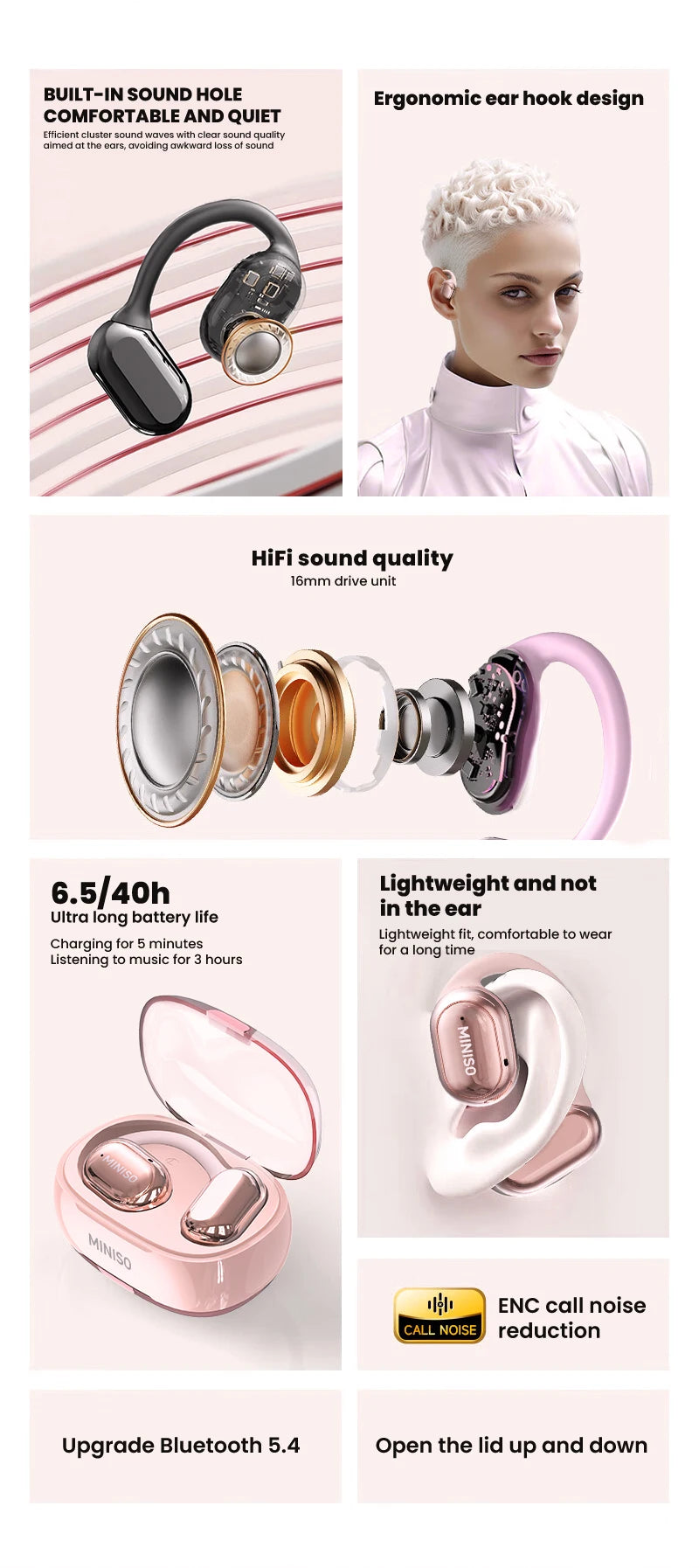 MINISO X39 Wireless Open-Ear Earbuds – Bluetooth 5.4, HiFi Sound, IPX5