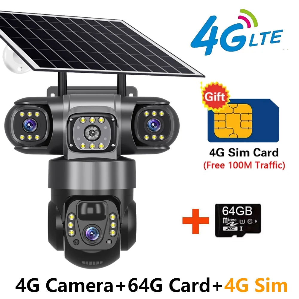 Solar 4G Outdoor Security Camera – 3 Lens, 10X Zoom, Night Vision