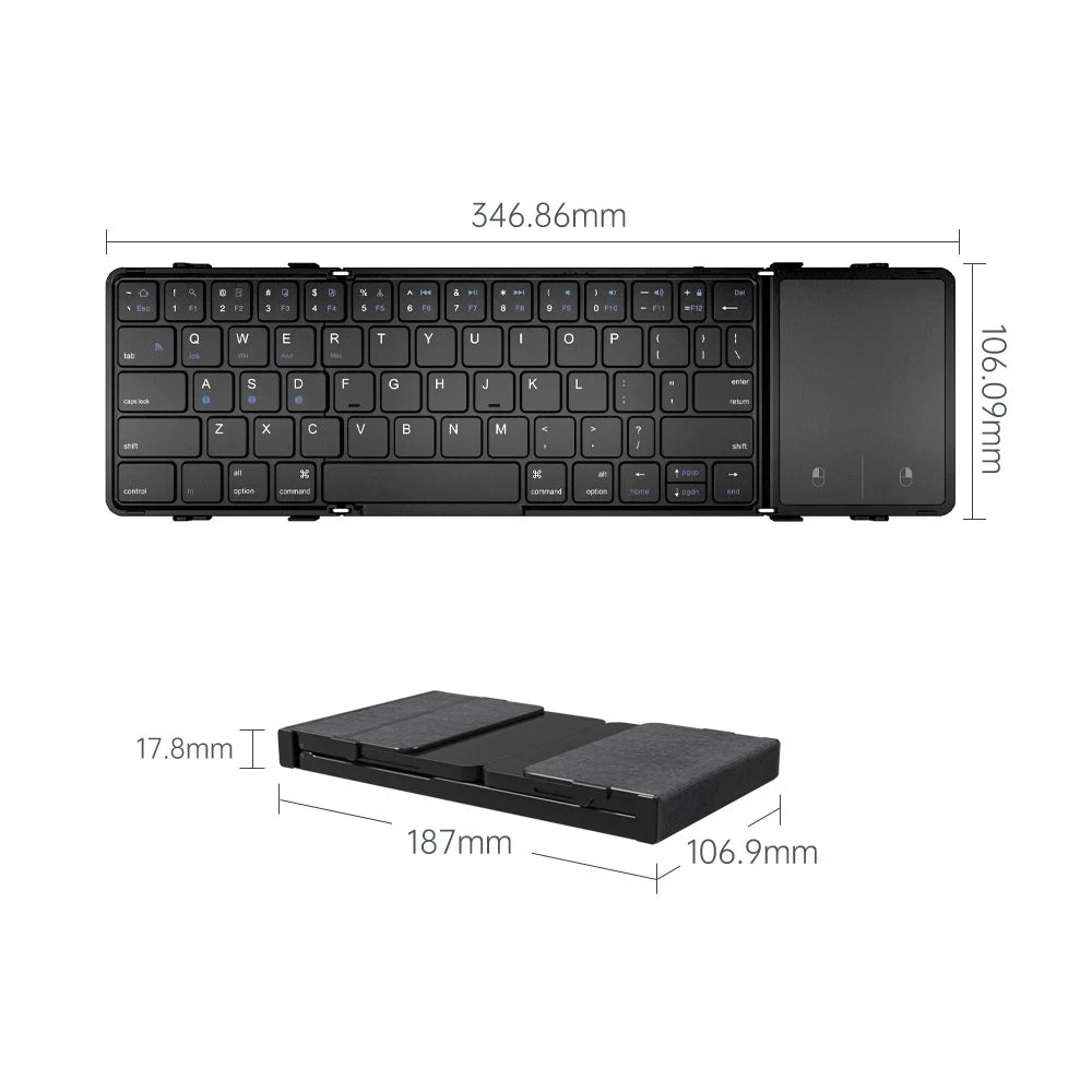 Folding Bluetooth Keyboard with Touchpad – Wireless, 3-Device Support, PU Leather