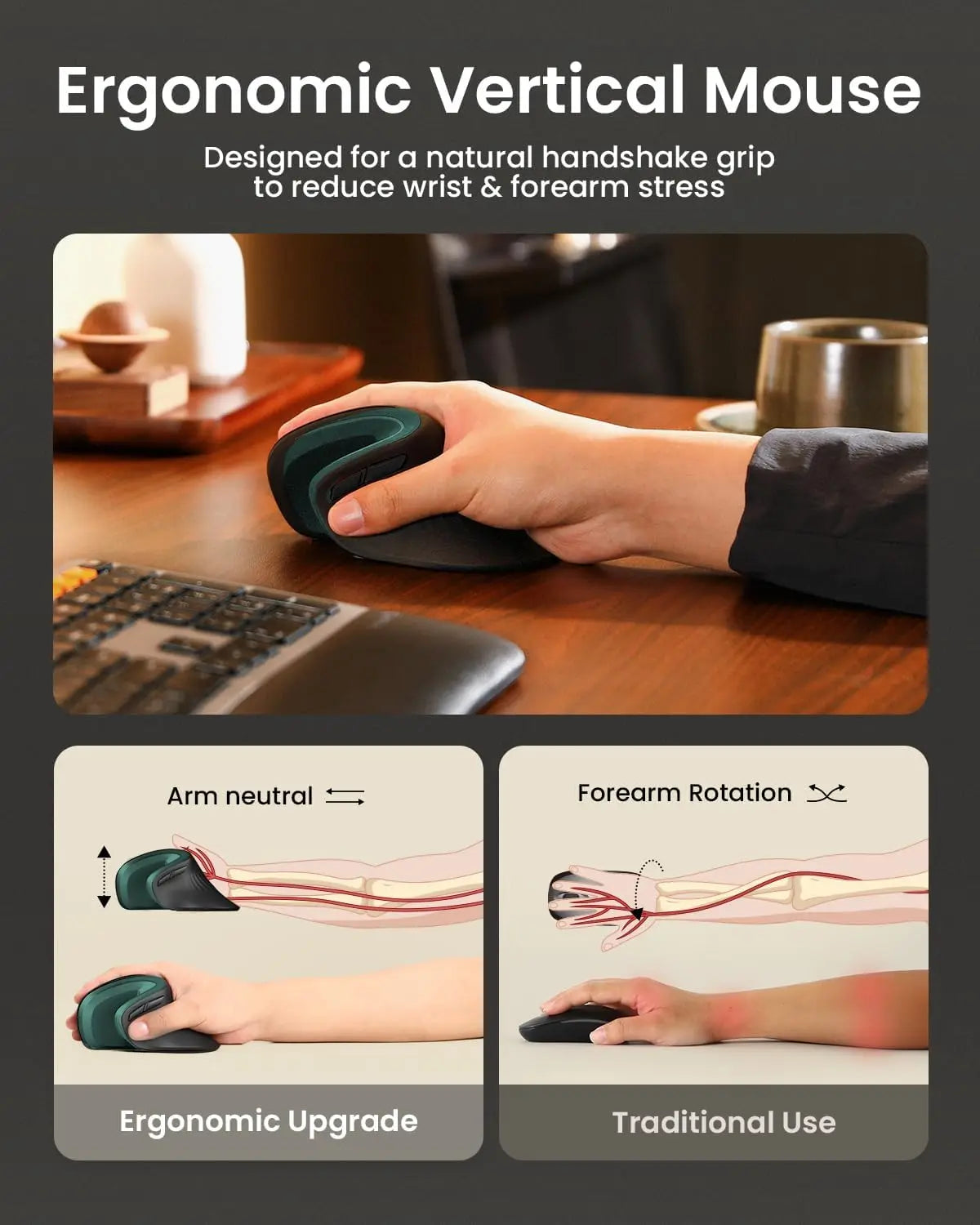 ProtoArc EM11 Vertical Mouse – Ergonomic, Rechargeable, BT & 2.4GHz