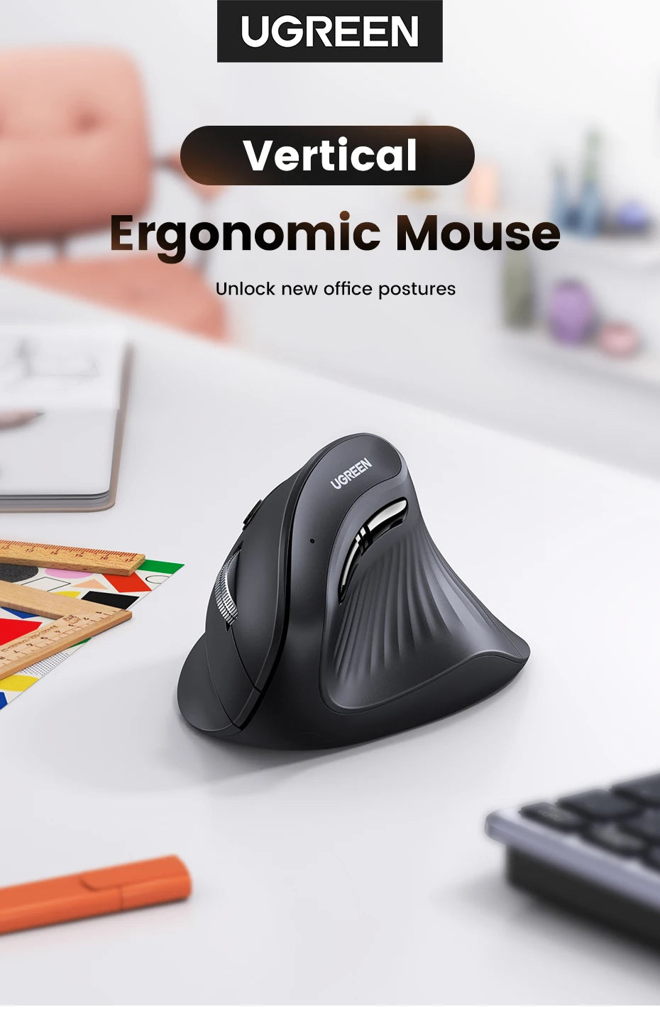 UGREEN Vertical Wireless Mouse – Bluetooth 5.0, 4000DPI, Ergonomic