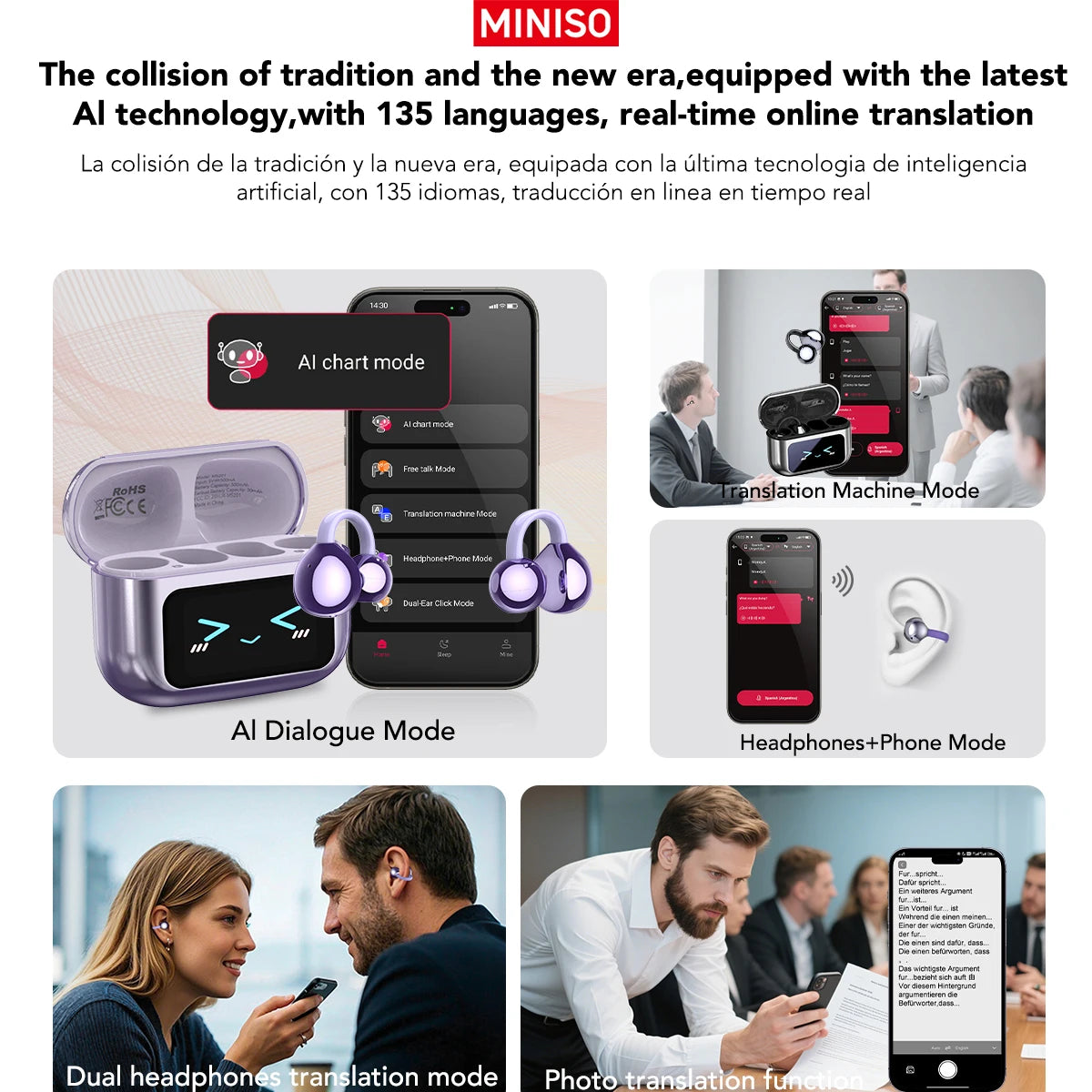 MINISO MS201 Bluetooth EarClip Headphones – AI Translator, 60H Playtime