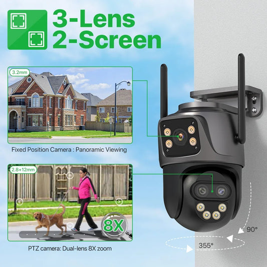 6K 9MP Outdoor WiFi Camera – Triple Lens, Dual Screen, PTZ Auto Tracking