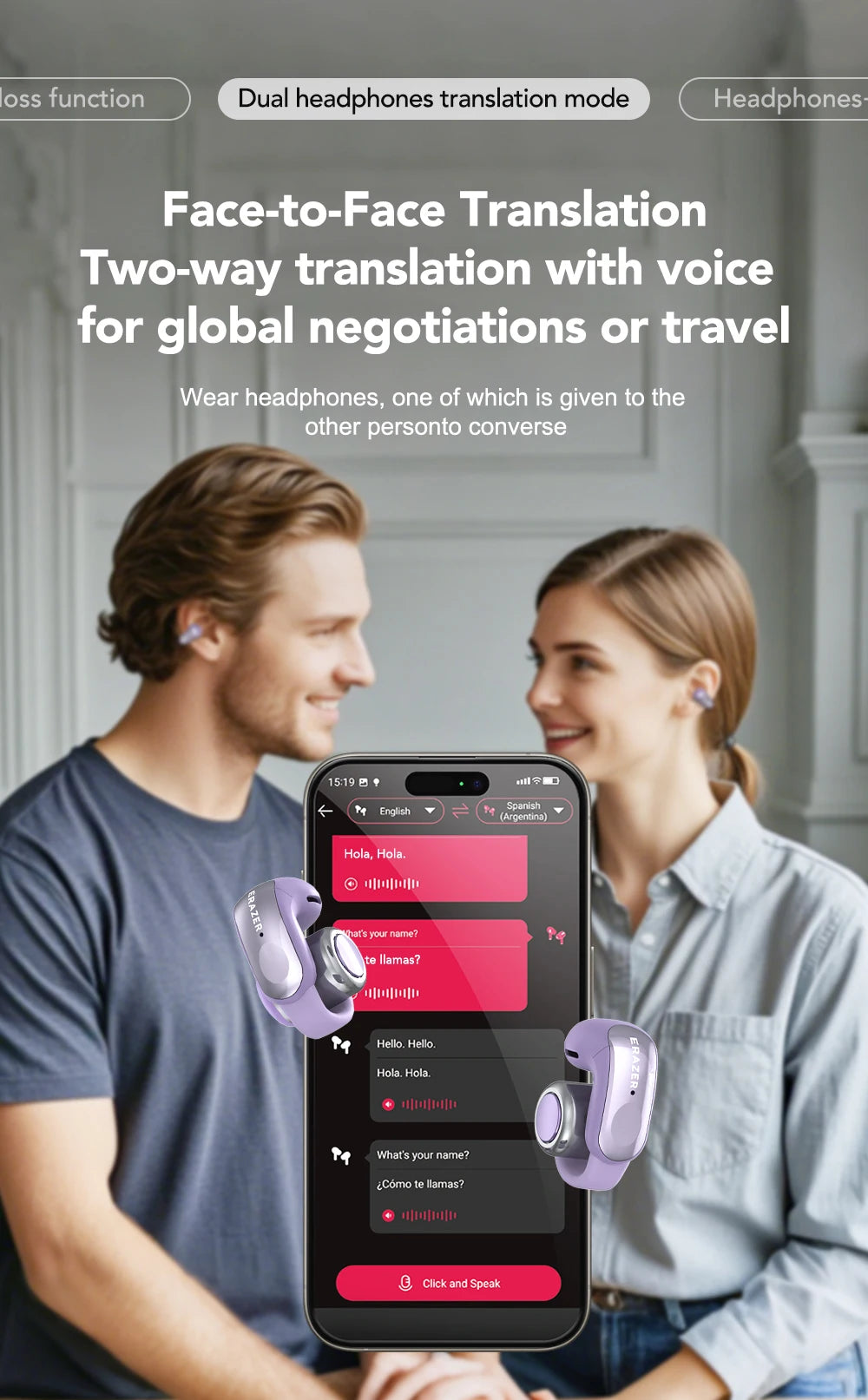 ERAZER XF28 Bluetooth 6.0 Open-Ear Translator Earbuds – Wireless for Travel & Office