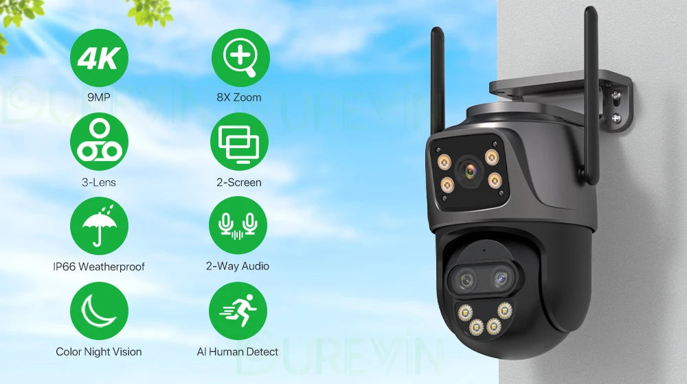 6K 9MP Outdoor WiFi Camera – Triple Lens, Dual Screen, PTZ Auto Tracking