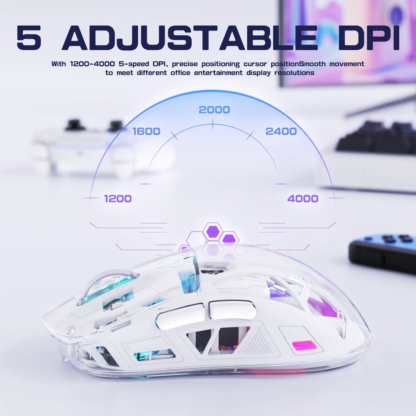 FreeWolf A2 Transparent RGB Gaming Mouse – Wireless, Battery Display, Dual Mode
