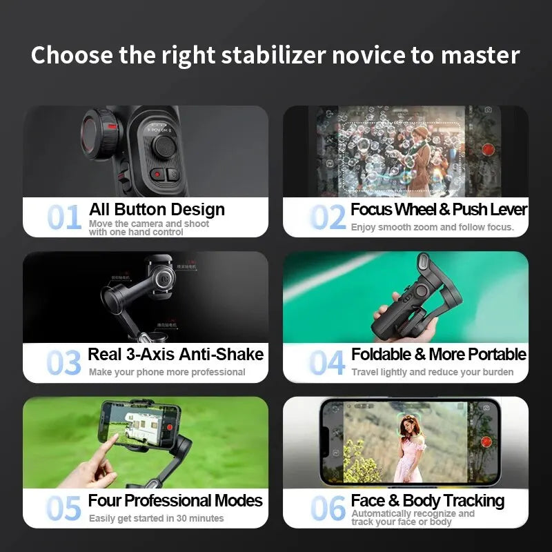 AOCHUAN 3-Axis Handheld Gimbal – SmartXE for iPhone & Android, AI Face Tracking
