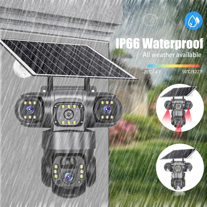 Solar 4G Outdoor Security Camera – 3 Lens, 10X Zoom, Night Vision