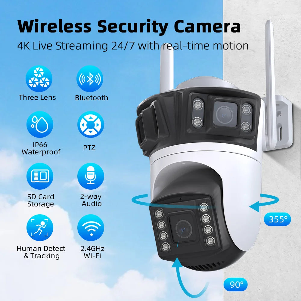 6K HD PTZ Outdoor WiFi Camera – 3 Lens, Auto Tracking Security