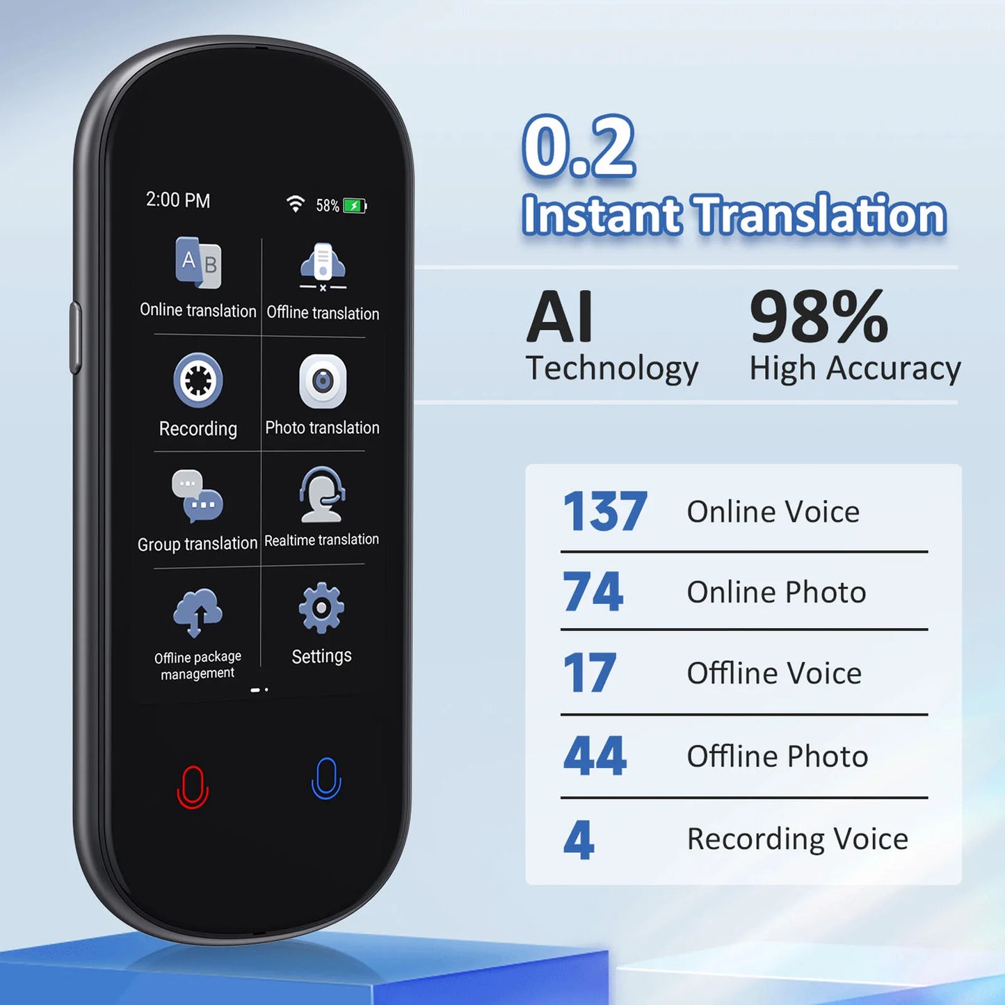 Z2 Instant AI Voice Translator – 3.1'' Touchscreen, Real-Time with Recording