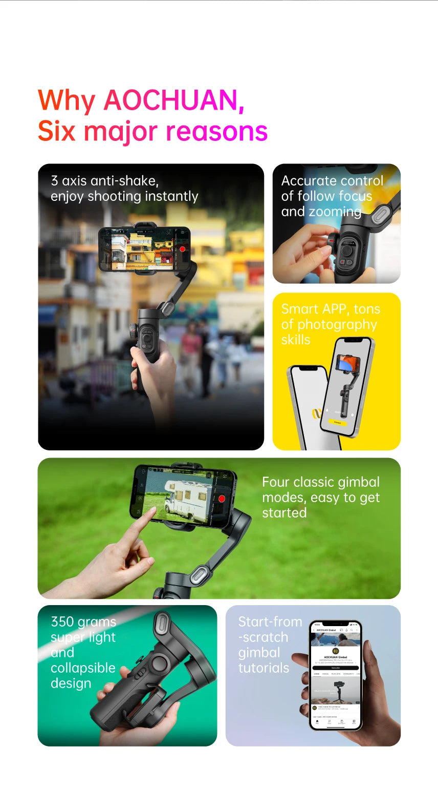 AOCHUAN 3-Axis Handheld Gimbal – SmartXE for iPhone & Android, AI Face Tracking